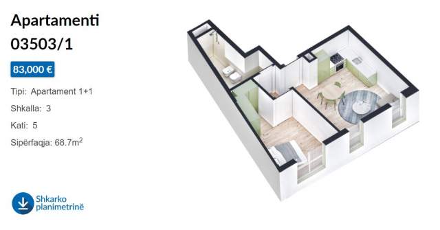 Tirane, shes apartament 1+1 Kati 5, 69 m² 83.000 Euro (Rruga Pasho Hysa)