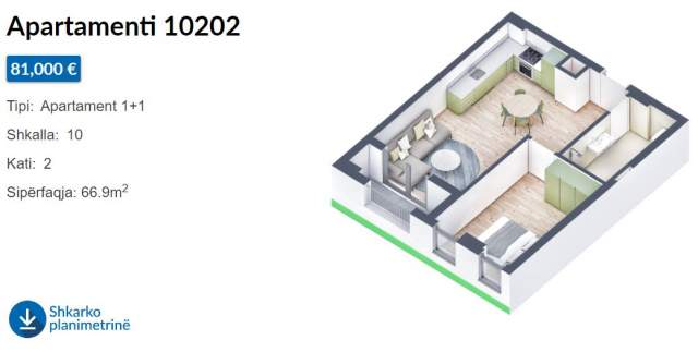 Tirane, shes apartament 1+1+BLK Kati 2, 67 m² 81.000 Euro (Rruga Pasho Hysa)