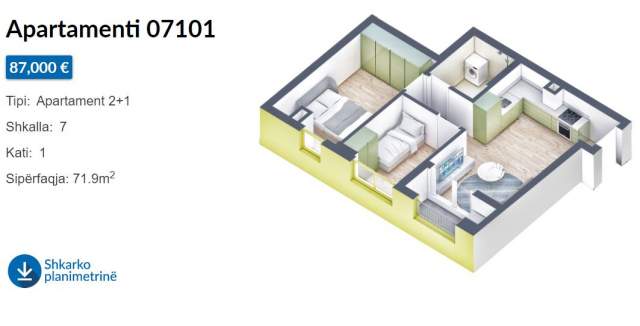 Tirane, shes apartament 2+1+BLK Kati 1, 72 m² 87.000 Euro (Rruga Pasho Hysa)