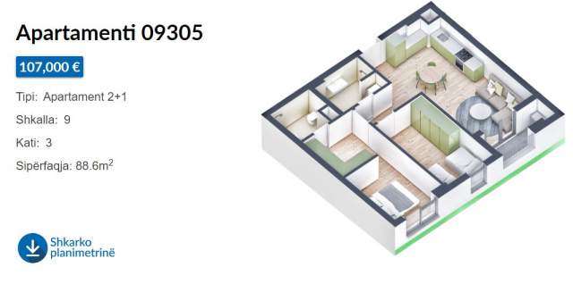 Tirane, shes apartament 2+1+BLK Kati 3, 89 m² 107.000 Euro (Rruga Pasho Hysa)