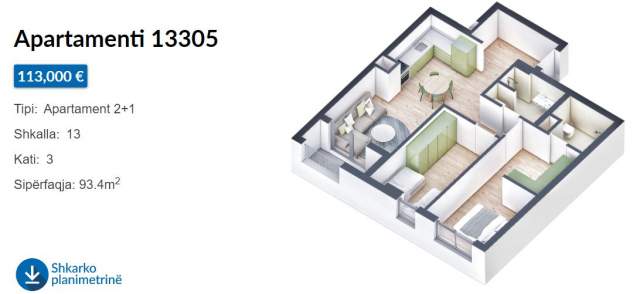 Tirane, shes apartament 2+1+BLK Kati 3, 94 m² 113.000 Euro (Rruga Pasho Hysa)