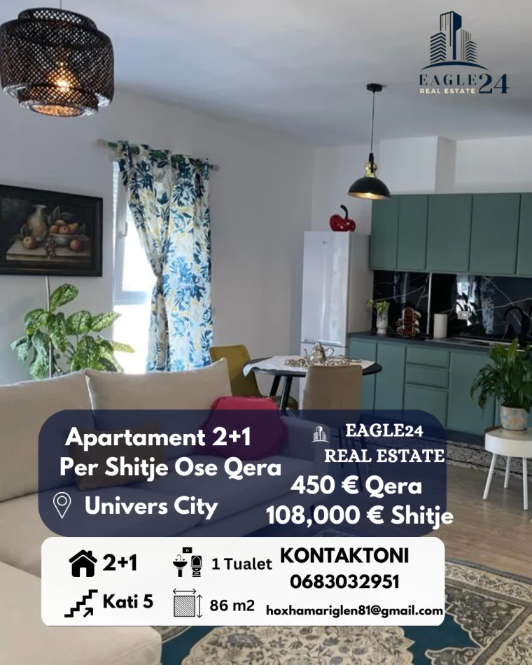 Tirane, jepet me qera apartament 2+1 Kati 5, 86 m² 450 € (univers city)
