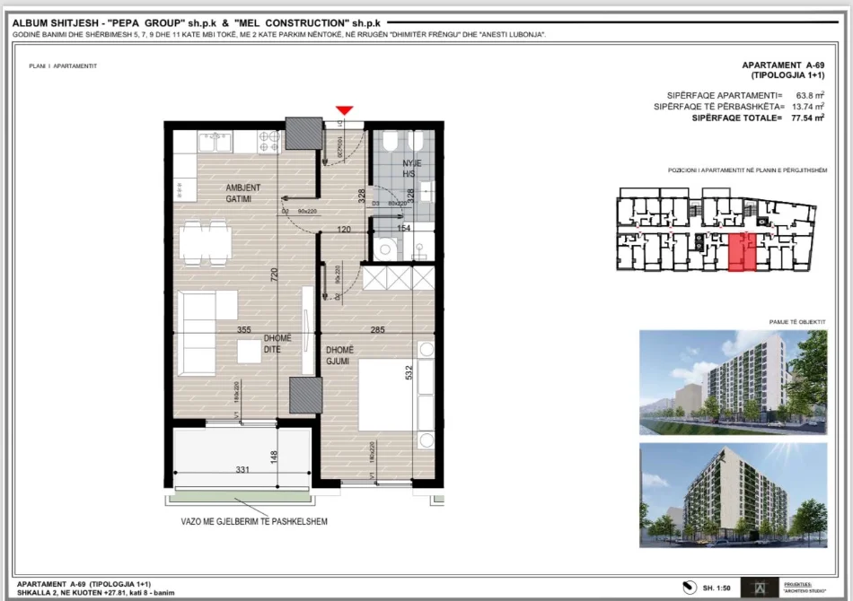 Tirane, shes apartament 1+1+Ballkon Kati 8, 77 m² 116.500 € 