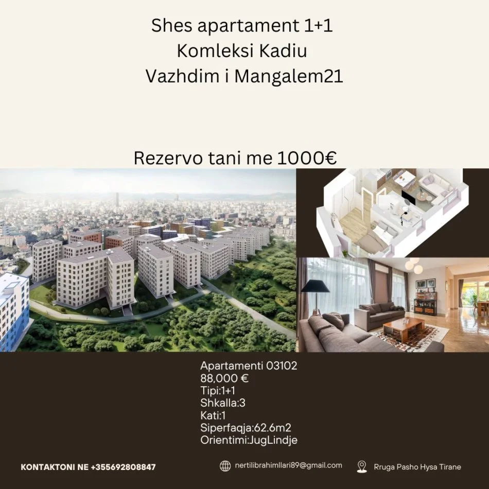 Tirane, shes apartament 1+1+Ballkon Kati 1, 63 m² 88,000 € (Rruga Pasho Hysa)