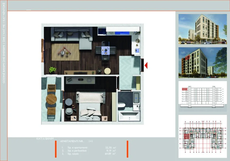Tirane, shitet apartament 1+1 Kati 6, 54.000 € 