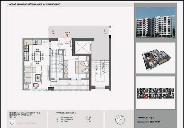 Tirane, shes apartament 1+1 Kati 7, 67 m² 41.000 Euro (Kamez)