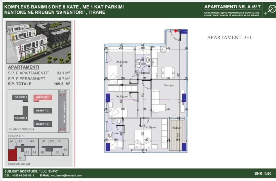 Tirane, shes apartament 3+1 Kati 7, 