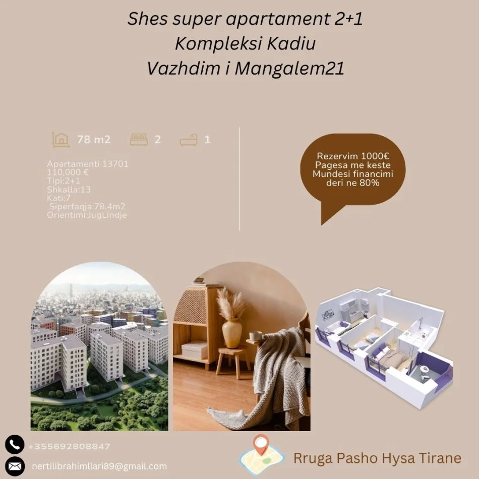 Tirane, shes apartament 2+1+Ballkon Kati 7, 78 m² 110.000 € (Rruga Pasho Hysa Tirane)