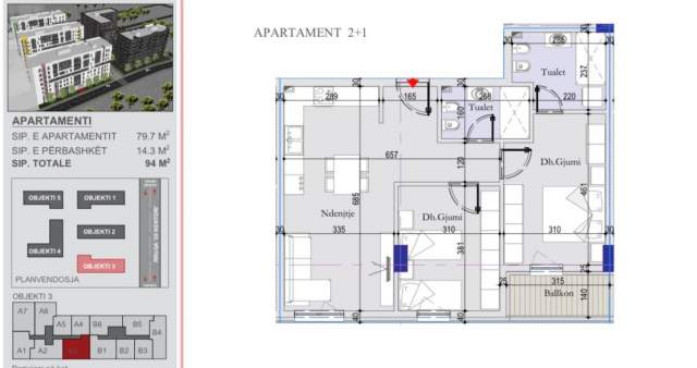 Tirane, shitet apartament 2+1 Kati 4, 94 m² 92.100 Euro (Dogana, nenkalimi sheshit shqiponja)