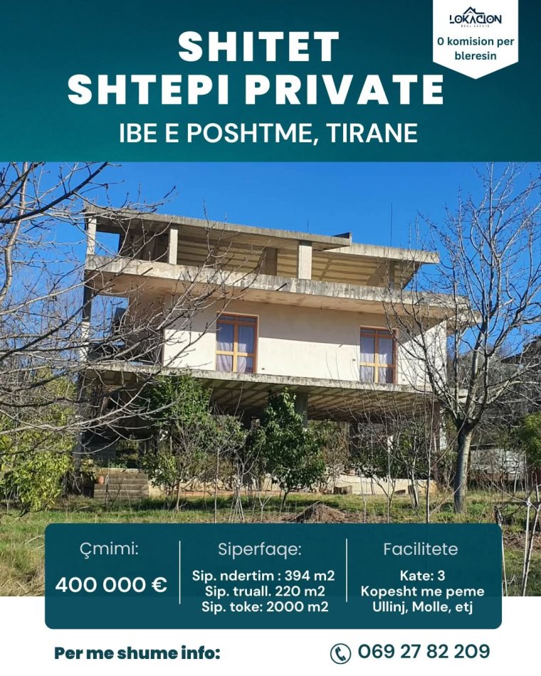 Tirane, shitet nga Pronari, pa-komision shtepi 3 Katshe Kati 3, 394 m² 400.000 € (ibe e poshtme)
