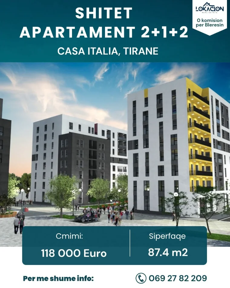 Tirane, shitet nga Pronari, pa-komision apartament 2+1+Ballkon Kati 3, 88 m² (casa italia)