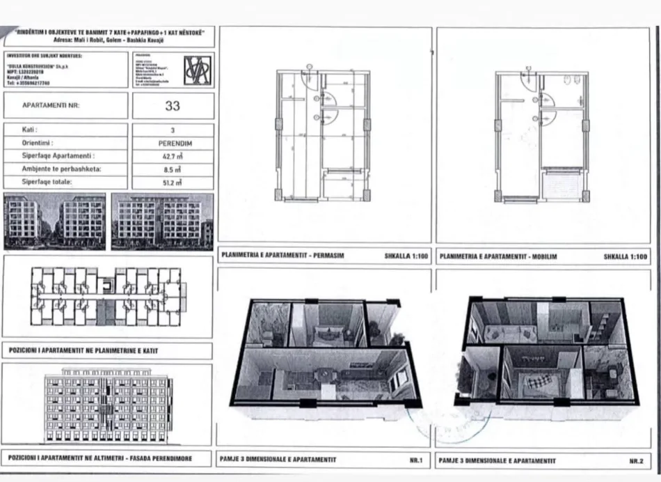 Tirane, shitet apartament 1+1 Kati 3, 51 m² 8.500.000 € 