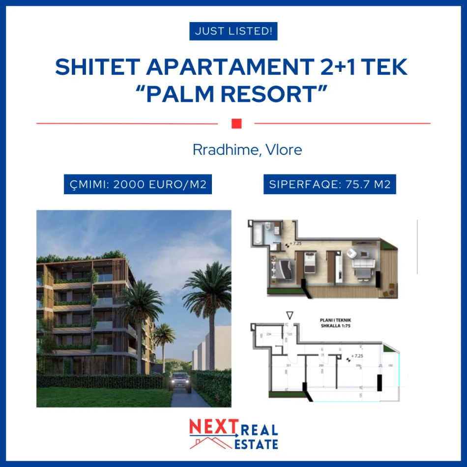 REZERVO PRONEN VETEM ME 500€! shitet apartament 2+1+BLK Kati 2, 75 m² , 151.400 EURO (Rradhime, Vlore)