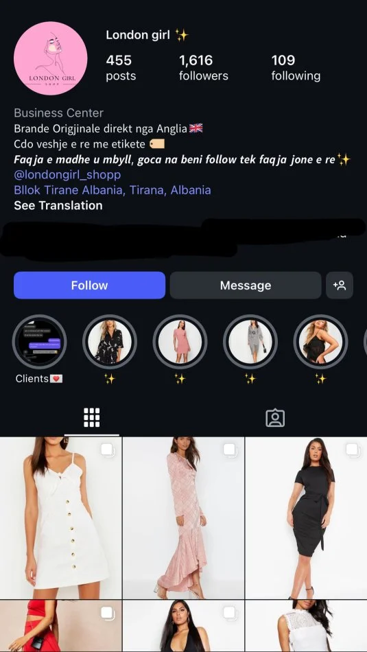 Tirane, njoftim Shitet biznesi, faqe instagrami + furnizim