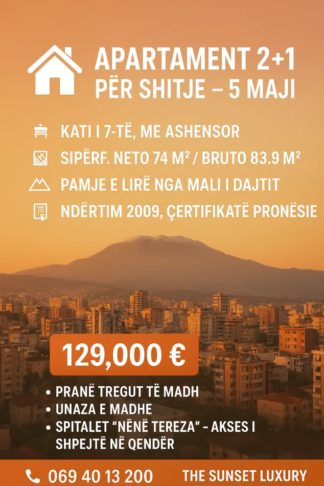 Tirane, shitet apartament 2+1 , 87 m² 129.001 € (Tek Zgara 5 Maji)