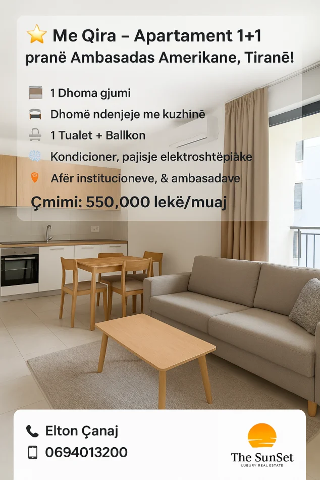Tirane, jepet me qera apartament 1+1 Kati 2, 60 m² 551 € (Ambasada amerikane)