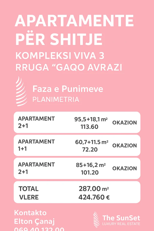 Tirane, shitet apartament 1+1+Ballkon , 73 m² 107.001 € (Tek Viva 3 F.Aviacioni)