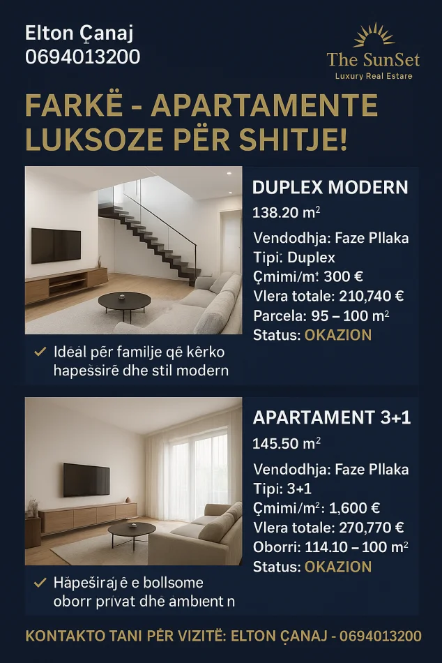 Shqiperi, shitet apartament duplex 2+1 Kati 0, 138 m² 210.739 € (Farke)