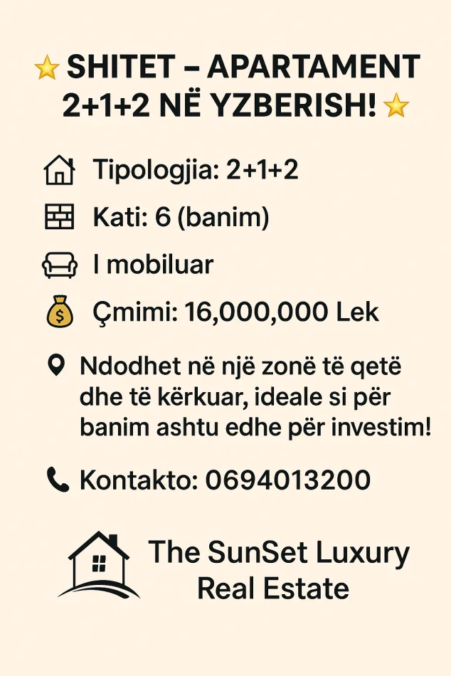 Tirane, shitet apartament 2+1 Kati 6, 107 m² 160.000 € (Yzberish KMY)