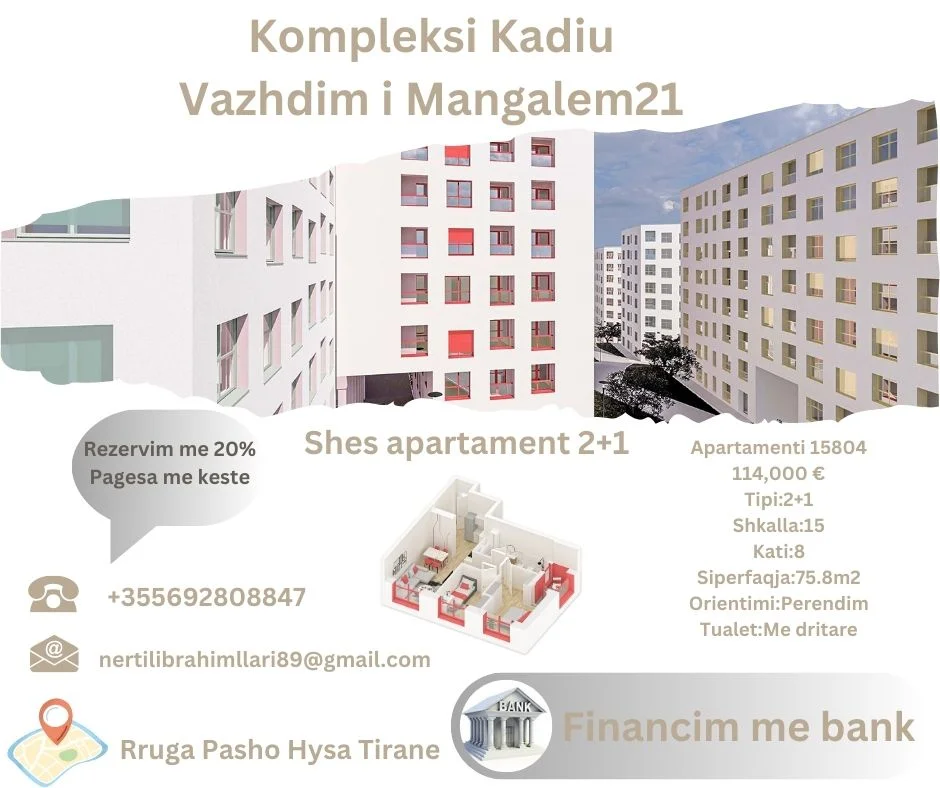 Tirane, shes apartament 2+1+Ballkon Kati 8, 76 m² 114.000 € (Rruga Pasho Hysa Tirane)