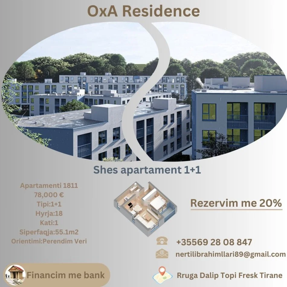 Tirane, shes apartament 1+1+Ballkon Kati 1, 55 m² 78.000 € (Rruga Dalip Topi Fresk Tirane)