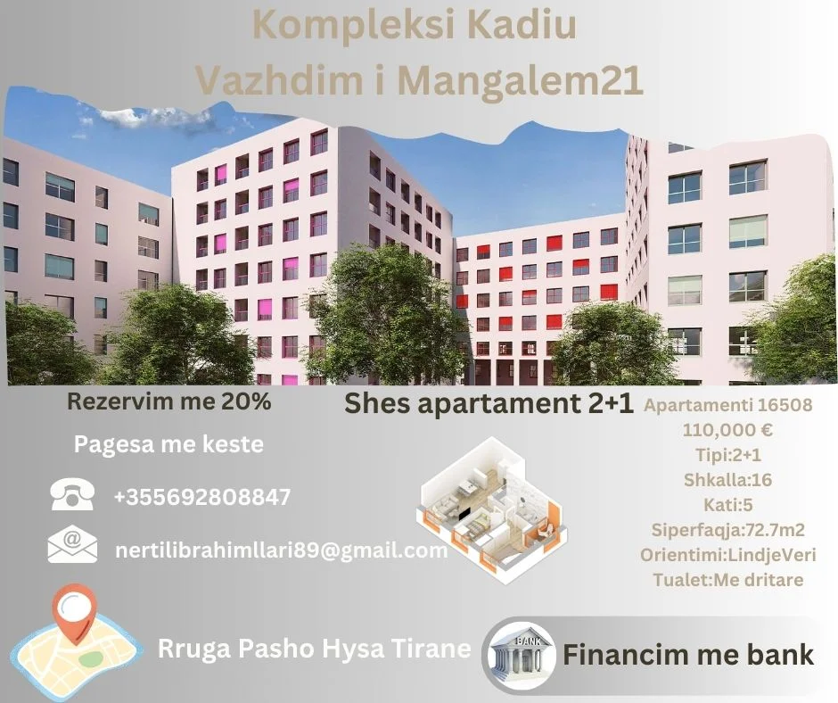 Tirane, shes apartament 2+1+Ballkon Kati 5, 73 m² 110.000 € (Rruga Pasho Hysa Tirane)