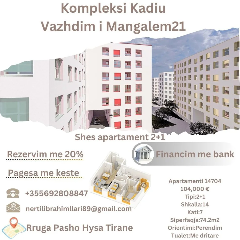 Tirane, shes apartament 2+1+Ballkon Kati 7, 74 m² 104.000 € (Rruga Pasho Hysa Tirane)