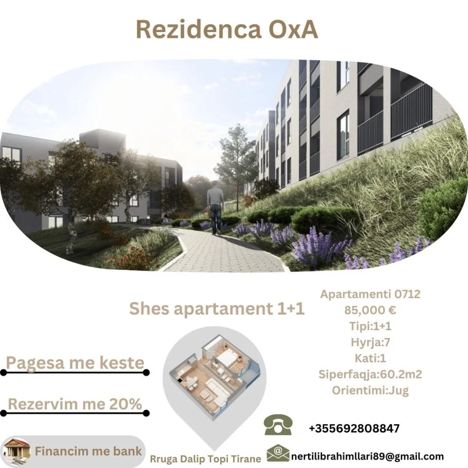 Tirane, shes apartament 1+1+Ballkon Kati 1, 60 m² 85.000 € (Rruga Dalip Topi Fresk Tirane)