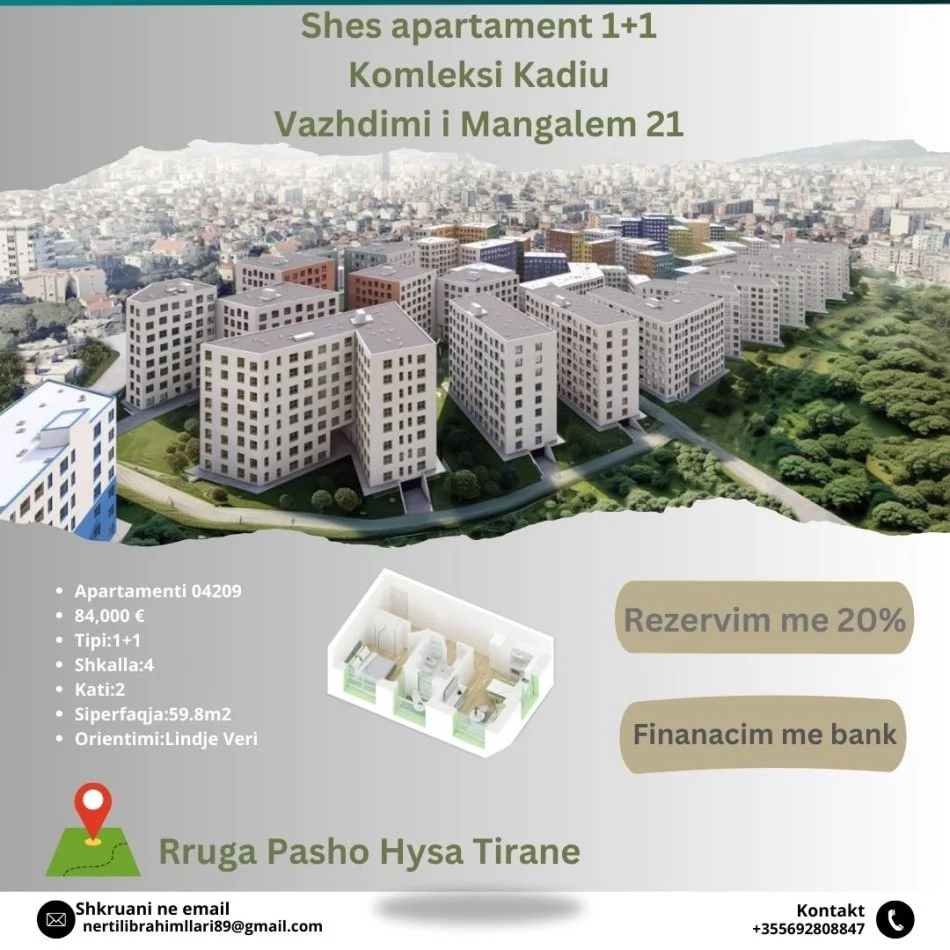 Tirane, shes apartament 1+1+Ballkon Kati 2, 60 m² 355.692.808.847 € (Rruga Pasho Hysa Tirane)