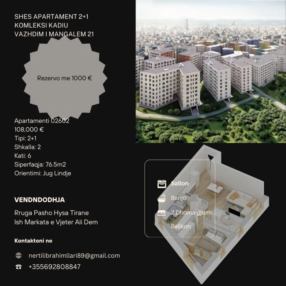 Tirane, shes apartament 2+1+Ballkon Kati 6, 76 m² 108.000 € (Rruga Pasho Hysa Tirane)