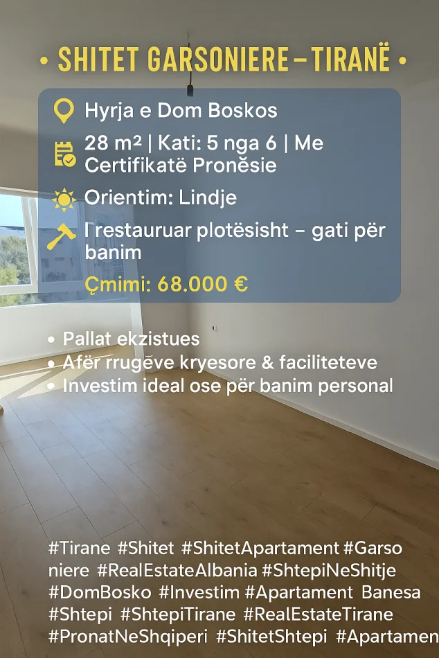 Tirane, shitet apartament Kati 5, 28 m² 68.000 € (Ne fillim te Don Boskos)