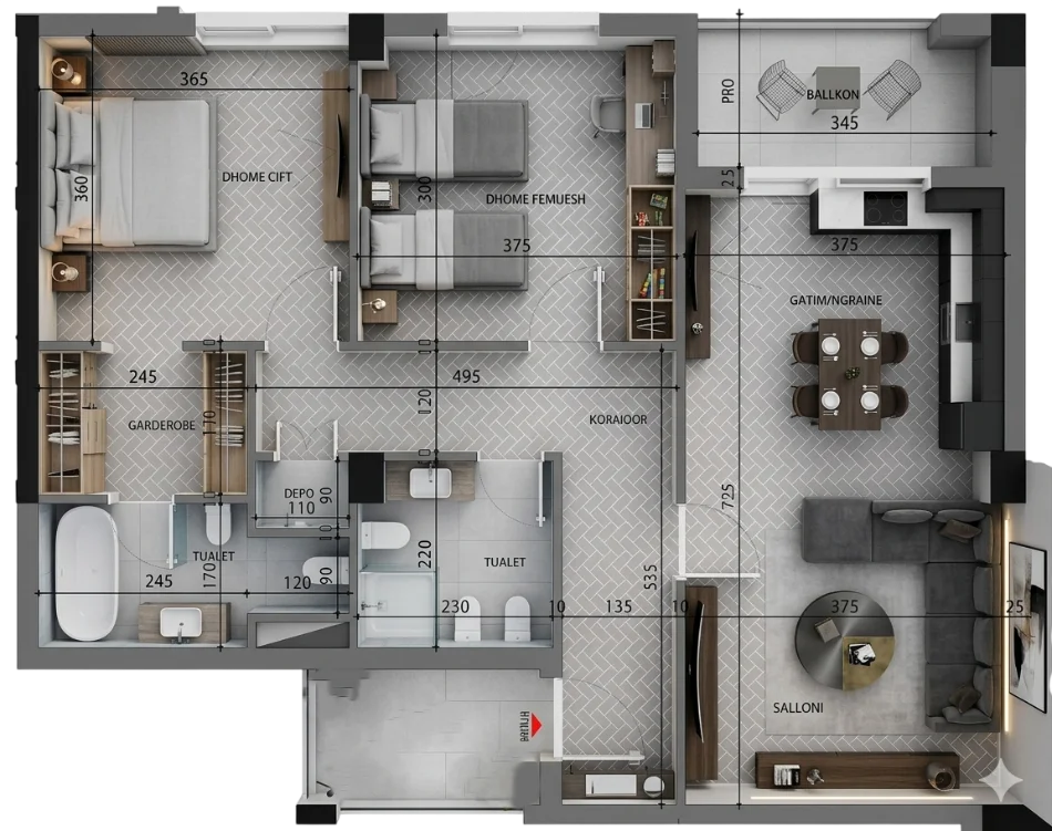 Tirane, jepet me qera apartament 2+1+Ballkon Kati 5, 115 m² 1.000 €/m2 (Diellon Residence, Paskuqan)