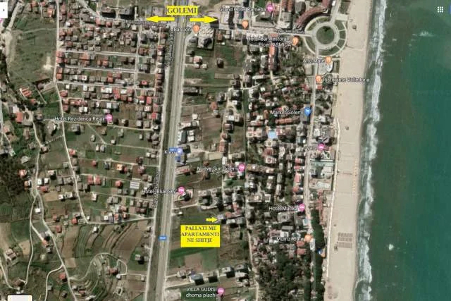 Golem-Plazh, Shitet, Apartament 1+1, kat 1, pallat i ri 5-kate, siperfaqe 44 m², Cmimi 95'000€, nga deti 350m / 5-min këmb / referuar kompleksit  "V.Murrizi" e "Porta Kavalja", Palzhi Golemit, Kavaje.