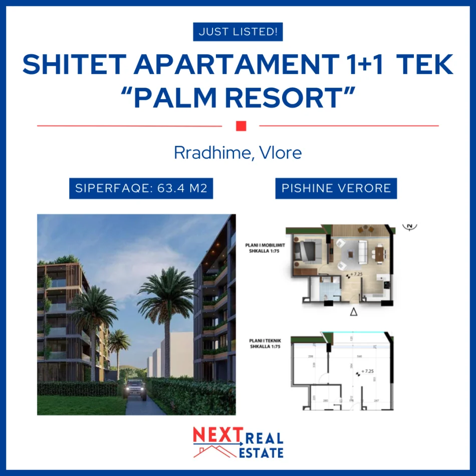 REZERVO PRONEN VETEM ME 500€!  shitet apartament 1+1+BLK Kati 2, 63 m², 139,480 EURO (Rradhime, Vlore)