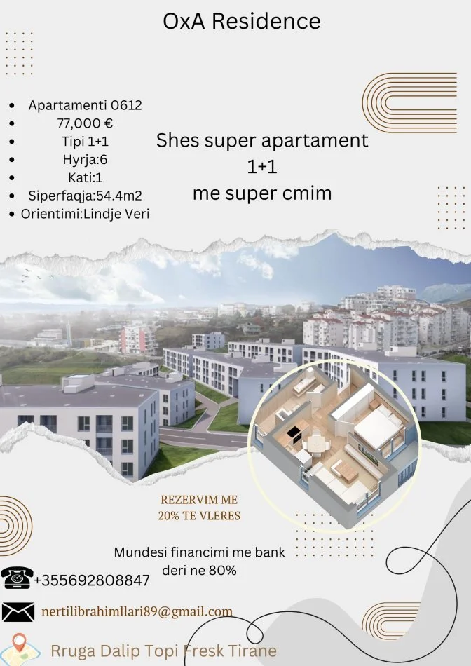 Tirane, shes apartament 1+1+Ballkon Kati 1, 54 m² 77.000 € (Rruga Dalip Topi Fresk Tirane)