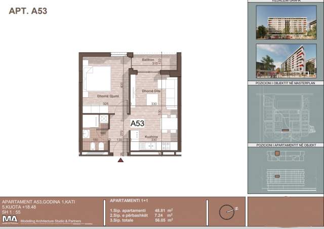 Tirane, shitet apartament 1+1+BLK Kati 5, 56 m² 40.880 Euro (Qtu)