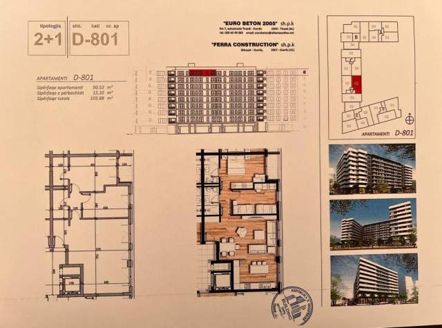 Tirane, shitet apartament 2+1+BLK Kati 8, 104 m² 114.268 Euro (Don Bosko)