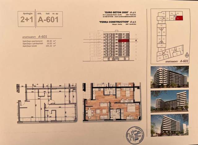 Tirane, shitet apartament 2+1+BLK Kati 6, 101 m² 111.452 Euro (Don Bosko)