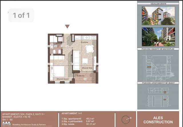 shitet apartament 1+1+BLK Kati 5, 51 m² 37.000 Euro (Prane QTU)
