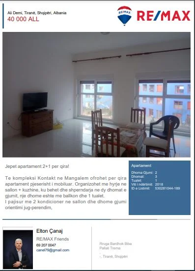 Tirane, jepet me qera apartament 2+1 Kati 4, 68 m² 400 € (Mangalem Ali Demi)