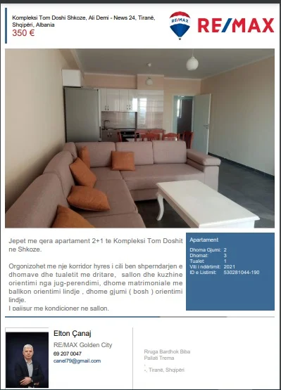 Tirane, jepet me qera apartament 2+1 Kati 4, 80 m² 350 € (Te kompleksi Tom Doshit Shkoze)