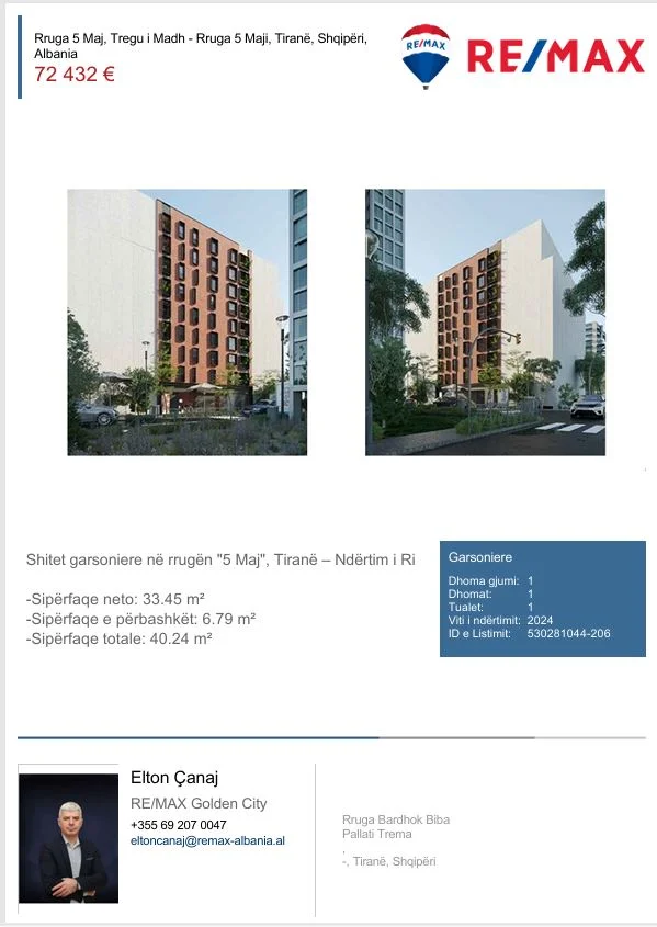 Tirane, shitet garsonier 1+1 Kati 7, 40 m² 72.432 € (Tregu i Madh Rruga 5 Maj)