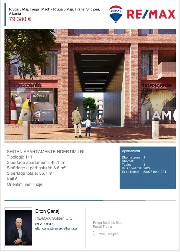Tirane, shitet apartament 1+1 , 56 m² 79.380 € (Rruga 5 Maji)