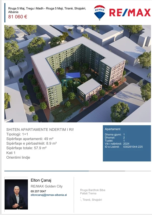 Tirane, shitet apartament 1+1 Kati 1, 57 m² 81.060 € (Rruga 5 Maji)