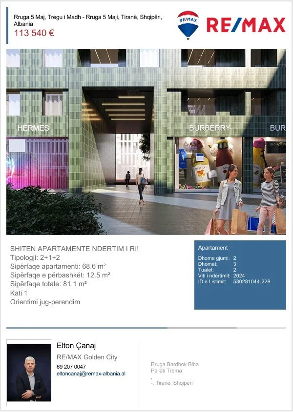 shitet 2+1 Kati 1, 81 m² 113.540 € (Rruga 5 Maji)