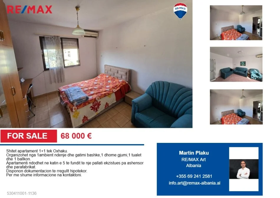 Tirane, shitet apartament 1+1+Ballkon Kati 5, 54 m² 68.000 € (Rruga Imer Ndregjoni)