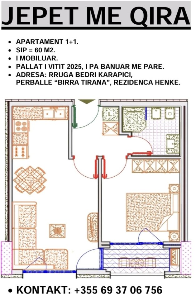 Tirane, jepet me qera apartament 1+1+Ballkon Kati 6, 60 m² (Rruga Bedri Karapici perballe Birra Tirana)