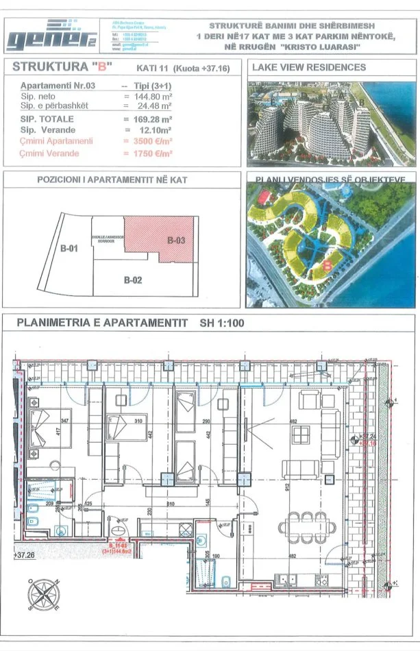 Tirane, shitet apartament 3+1+Ballkon Kati 11, 182 m² 613.655 € (Rruga Kristo Luarasi)