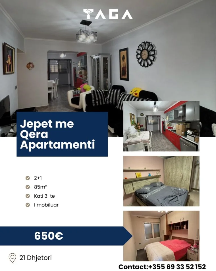 Tirane, jepet me qera apartament 2+1 Kati 3, 85 m² 650 € 