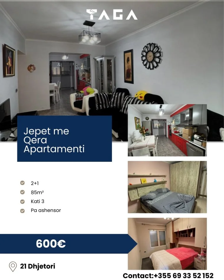 Tirane, jepet me qera apartament 2+1 Kati 3, 600 €